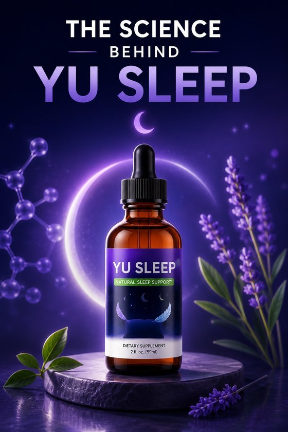 The Science Behind Yu Sleep — product bottle with molecular and botanical imagery