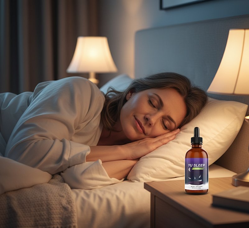 Woman sleeping peacefully with Yu Sleep bottle on the nightstand