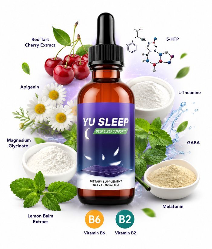 Yu Sleep bottle surrounded by its key ingredients — cherry, chamomile, magnesium, lemon balm, L-theanine, 5-HTP, GABA, melatonin, and vitamins B6 and B2
